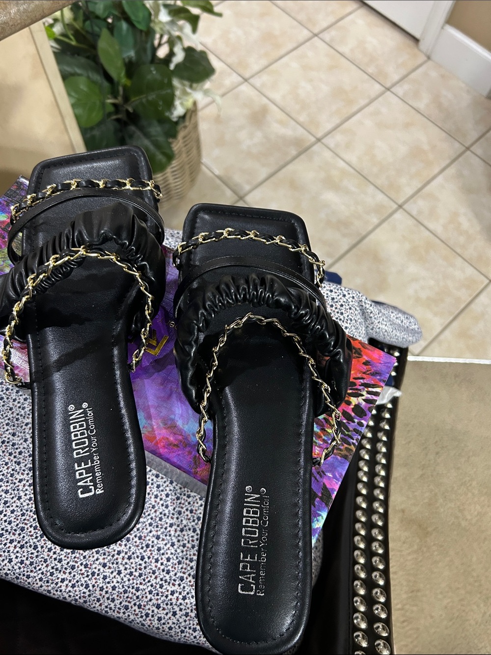 Cape Robbin Black Ruched Slide Sandals with Gold Chain